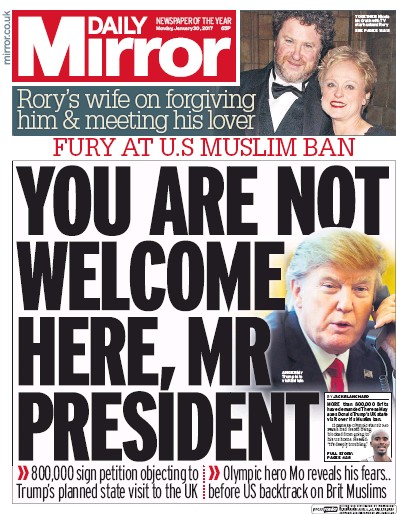 Daily Mirror Newspaper Front Page (UK) for 30 January 2017