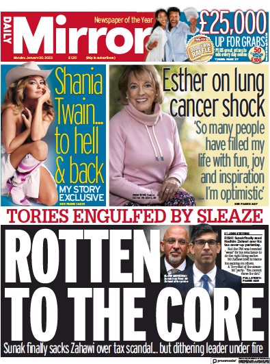 Daily Mirror Newspaper Front Page (UK) for 30 January 2023