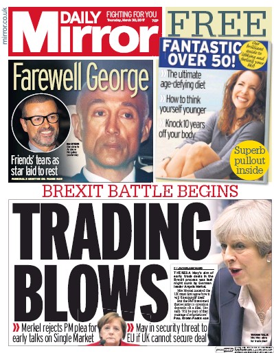 Daily Mirror Newspaper Front Page (UK) for 30 March 2017