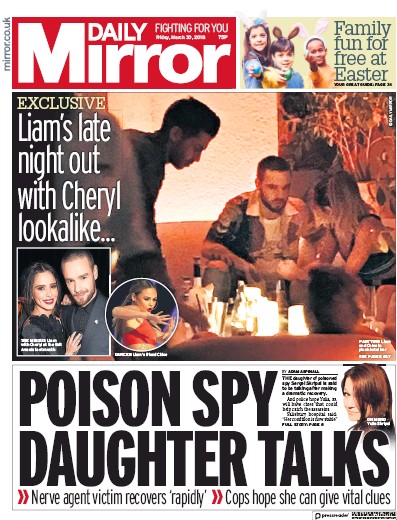 Daily Mirror Newspaper Front Page (UK) for 30 March 2018