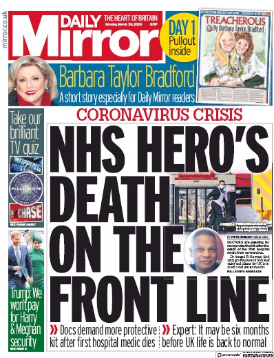 Daily Mirror Newspaper Front Page (UK) for 30 March 2020