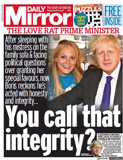 Daily Mirror Newspaper Front Page (UK) for 30 March 2021