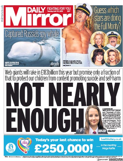 Daily Mirror Newspaper Front Page (UK) for 30 April 2019