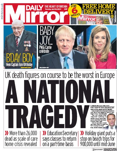 Daily Mirror Newspaper Front Page (UK) for 30 April 2020
