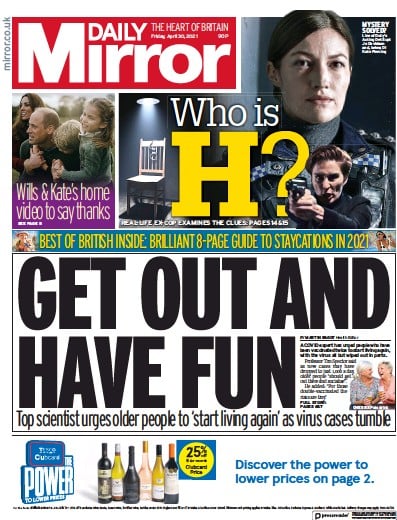 Daily Mirror Newspaper Front Page (UK) for 30 April 2021