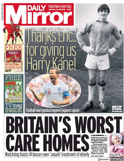Daily Mirror Newspaper Front Page (UK) for 30 June 2018