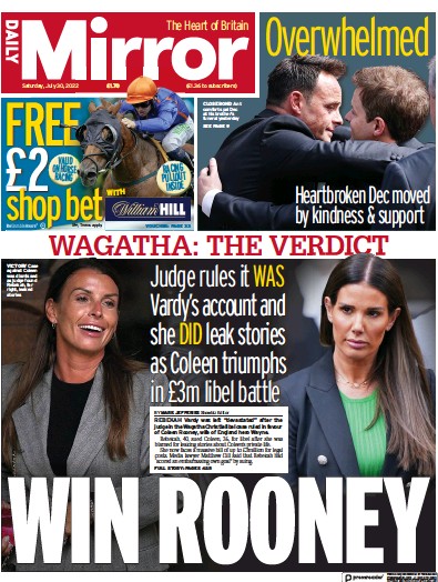 Daily Mirror Newspaper Front Page (UK) for 30 July 2022