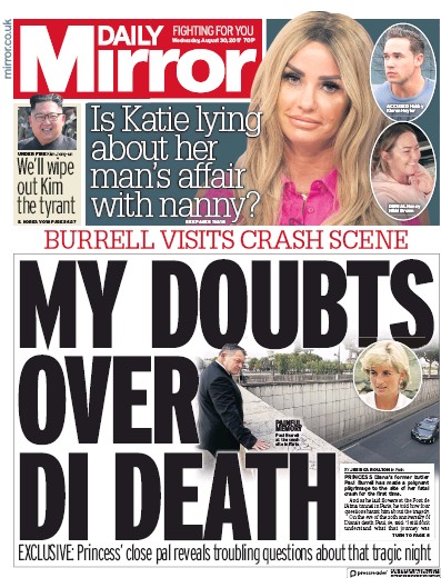 Daily Mirror Newspaper Front Page (UK) for 30 August 2017