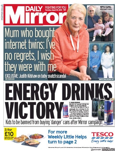 Daily Mirror Newspaper Front Page (UK) for 30 August 2018