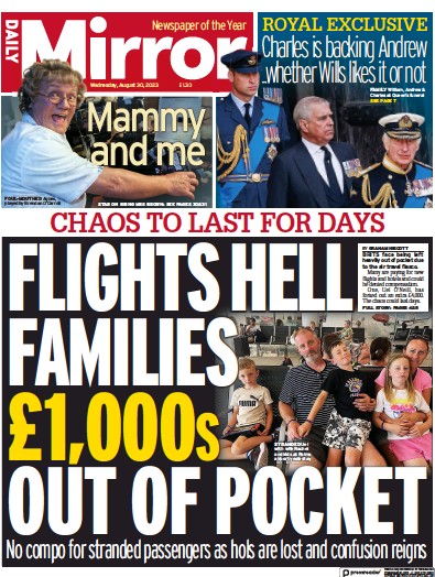 Daily Mirror Newspaper Front Page (UK) for 30 August 2023