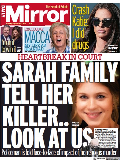 Daily Mirror Newspaper Front Page (UK) for 30 September 2021