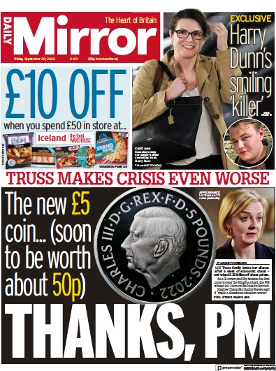 Daily Mirror Newspaper Front Page (UK) for 30 September 2022