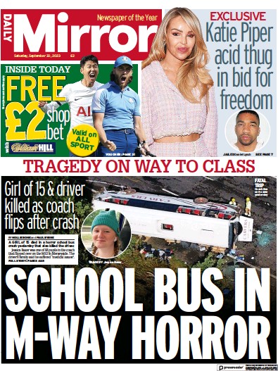 Daily Mirror Newspaper Front Page (UK) for 30 September 2023