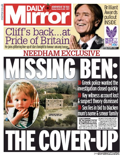 Daily Mirror Newspaper Front Page (UK) for 31 October 2016