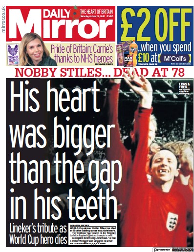 Daily Mirror Newspaper Front Page (UK) for 31 October 2020