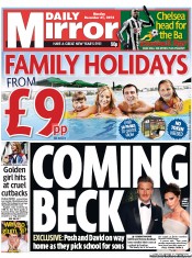 Daily Mirror Newspaper Front Page (UK) for 31 December 2012