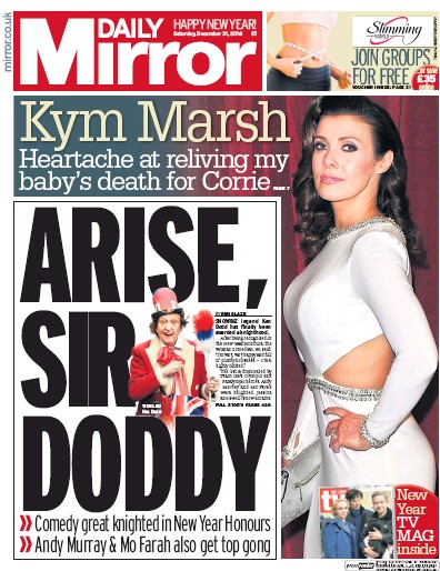 Daily Mirror Newspaper Front Page (UK) for 31 December 2016