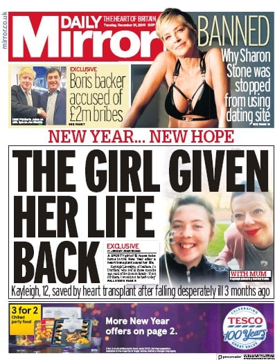 Daily Mirror Newspaper Front Page (UK) for 31 December 2019