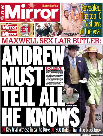 Daily Mirror Newspaper Front Page (UK) for 31 December 2021