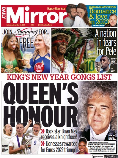 Daily Mirror Newspaper Front Page (UK) for 31 December 2022