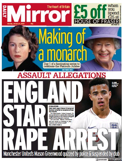 Daily Mirror Newspaper Front Page (UK) for 31 January 2022