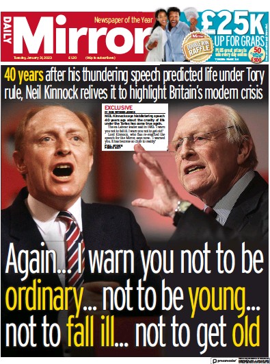 Daily Mirror Newspaper Front Page (UK) for 31 January 2023