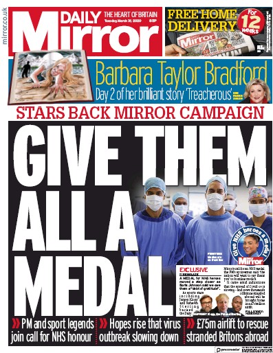 Daily Mirror Newspaper Front Page (UK) for 31 March 2020