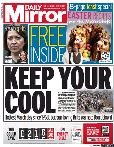 Daily Mirror Newspaper Front Page (UK) for 31 March 2021