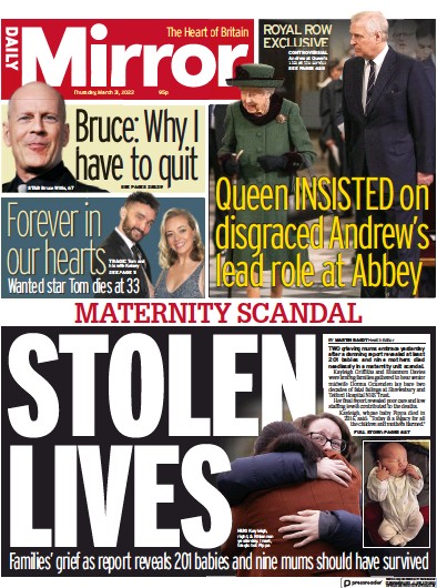 Daily Mirror Newspaper Front Page (UK) for 31 March 2022