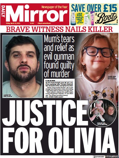Daily Mirror Newspaper Front Page (UK) for 31 March 2023