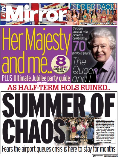 Daily Mirror Newspaper Front Page (UK) for 31 May 2022