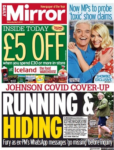 Daily Mirror Newspaper Front Page (UK) for 31 May 2023