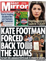 Daily Mirror Newspaper Front Page (UK) for 31 July 2013
