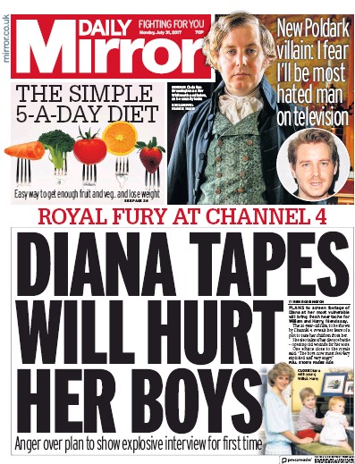 Daily Mirror Newspaper Front Page (UK) for 31 July 2017