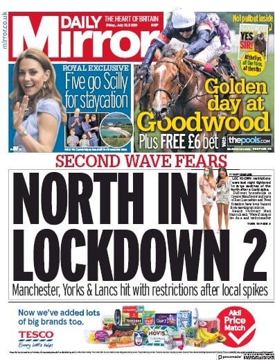 Daily Mirror Newspaper Front Page (UK) for 31 July 2020