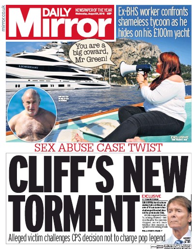 Daily Mirror Newspaper Front Page (UK) for 31 August 2016