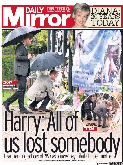 Daily Mirror Newspaper Front Page (UK) for 31 August 2017