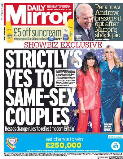 Daily Mirror Newspaper Front Page (UK) for 31 August 2019