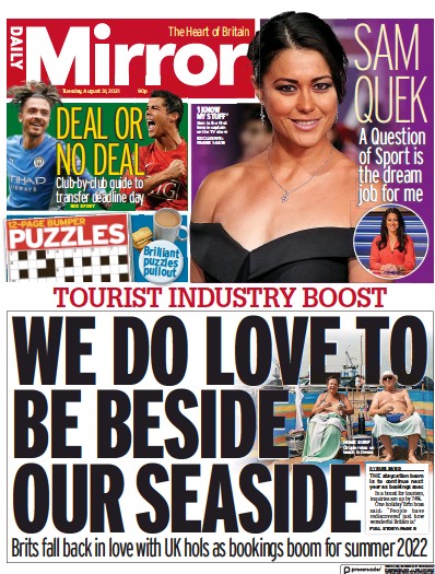 Daily Mirror Newspaper Front Page (UK) for 31 August 2021