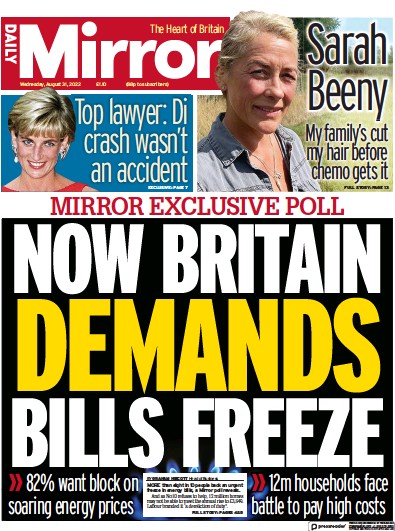 Daily Mirror Newspaper Front Page (UK) for 31 August 2022