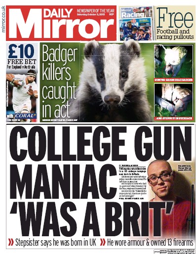 Daily Mirror Newspaper Front Page (UK) for 3 October 2015
