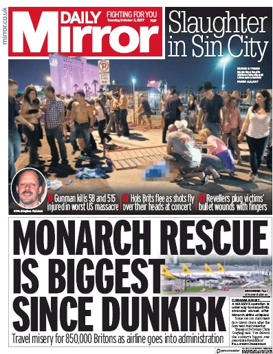 Daily Mirror Newspaper Front Page (UK) for 3 October 2017