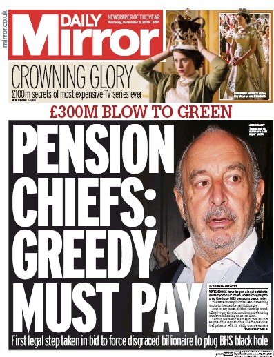 Daily Mirror Newspaper Front Page (UK) for 3 November 2016