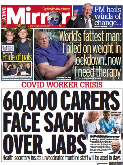 Daily Mirror Newspaper Front Page (UK) for 3 November 2021