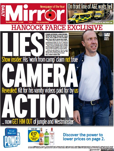 Daily Mirror Newspaper Front Page (UK) for 3 November 2022