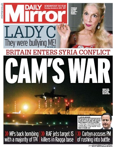 Daily Mirror Newspaper Front Page (UK) for 3 December 2015