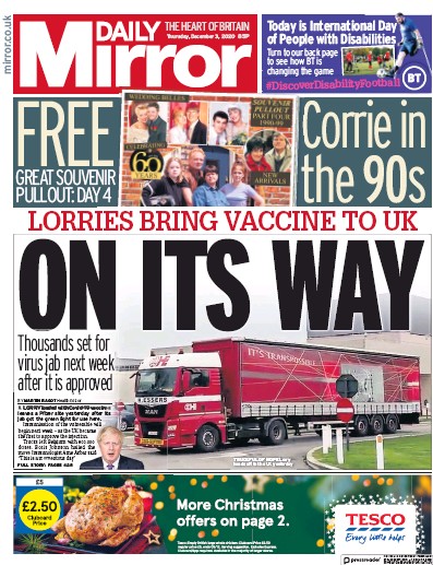 Daily Mirror Newspaper Front Page (UK) for 3 December 2020