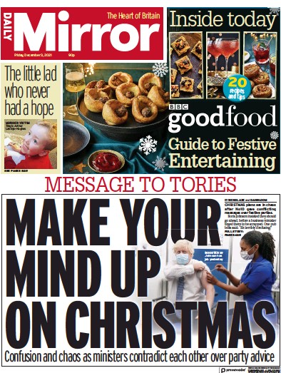 Daily Mirror Newspaper Front Page (UK) for 3 December 2021