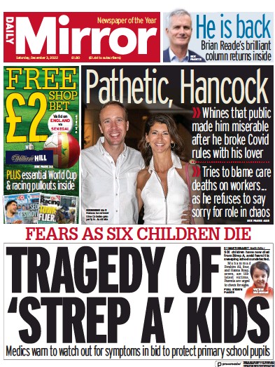 Daily Mirror Newspaper Front Page (UK) for 3 December 2022