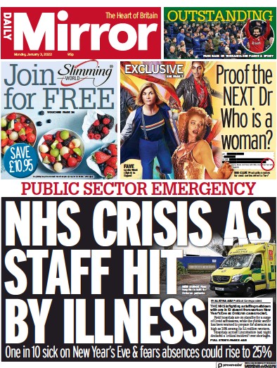 Daily Mirror Newspaper Front Page (UK) for 3 January 2022